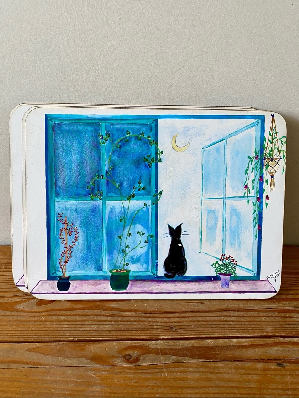 Vintage Set 4 Catherine Piret Placemats Cat In Window